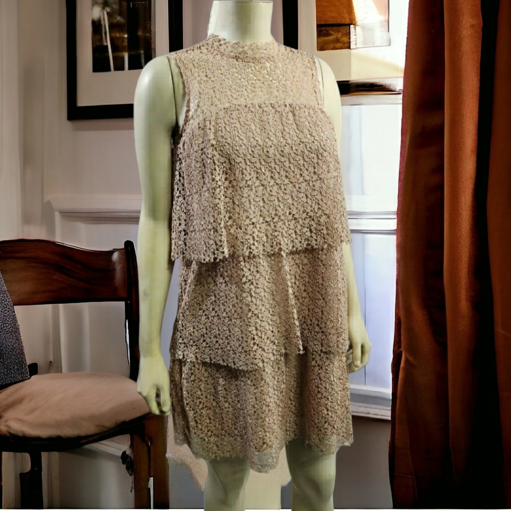 Zara Soft Beige Lace Short Dress, S, Sleeveless, Layered Top & Skirt, Gorgeous! - Picture 9 of 10
